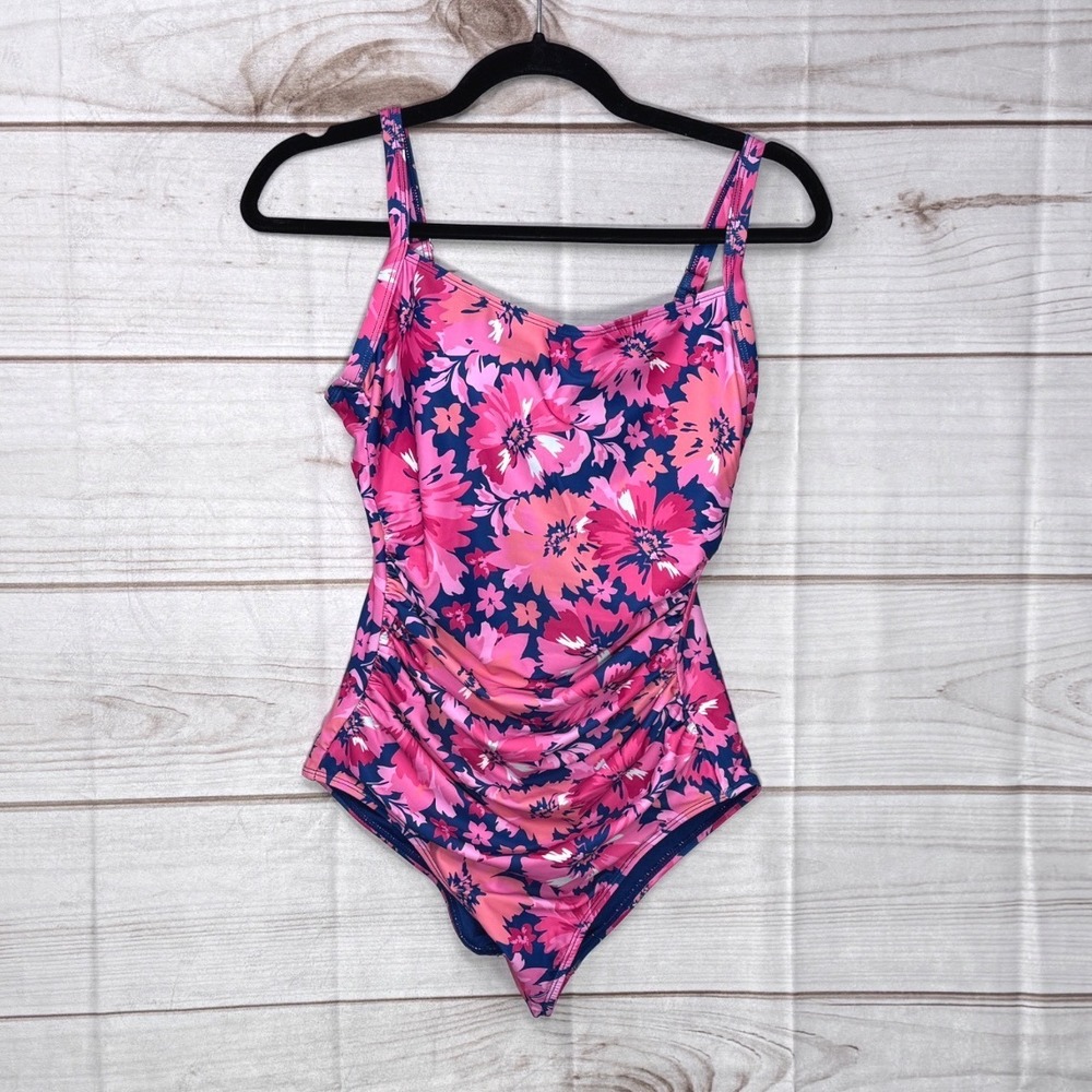 NWOT 32 Degrees Cool Womens‎ Pink Navy Floral Ruched One Piece Swimsuit Size Med